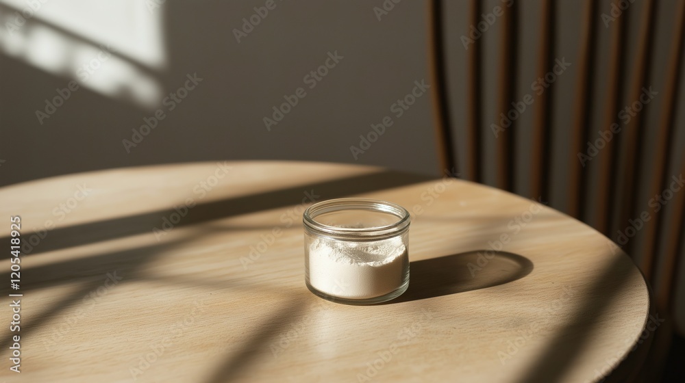 Small glass jar filled with fine white bone powder on a clean minimalist table, showcasing texture and simplicity. Minimalist and scientific concepts. Small glass jar filled with fine white bone powder on a clean minimalist table, showcasing texture and simplicity. Minimalist and scientific concepts.