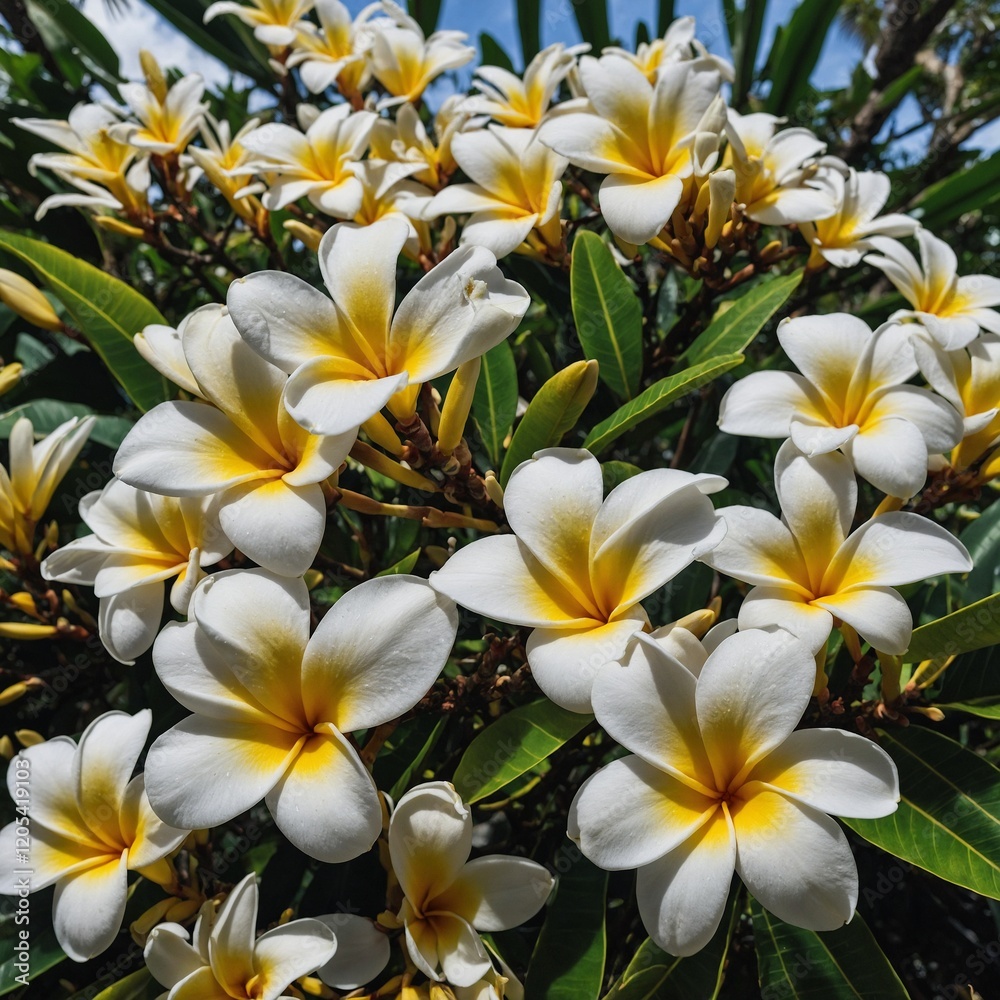 Obraz premium Cluster of white and yellow plumerias on a tropical tree.