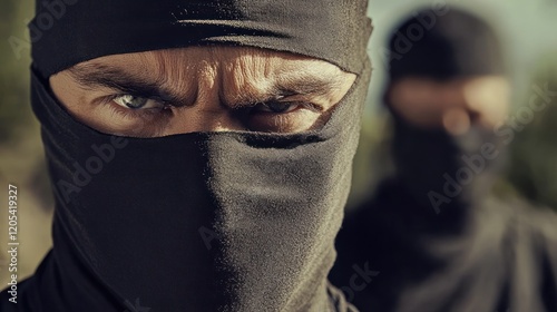 Close-up of two people wearing black balaclavas, with a focus on the first person's face photo