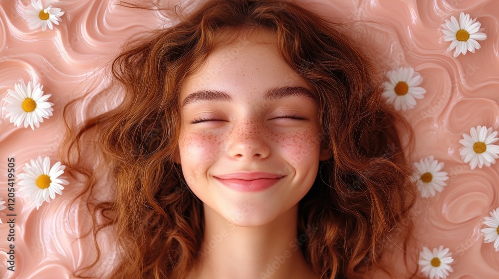 Fototapeta premium Smiling girl with freckles lying on a pink textured background adorned with daisies, evoking joy