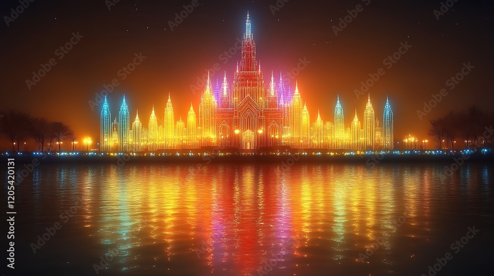 Obraz premium Illuminated Gothic Castle Reflecting in Water at Night