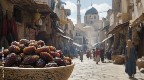 A sunlit Middle Eastern marketplace scene with a bowl of dates in the foreground, showcasing the vibrant culture and daily life of a historic city. The warm colors and detailed textures create an invi photo