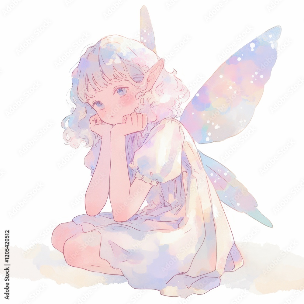 Dreamlike Pastel Fairy Girl with Wings Sitting Pensively Soft Watercolor Illustration Dreamlike Pastel Fairy Girl with Wings Sitting Pensively Soft Watercolor Illustration