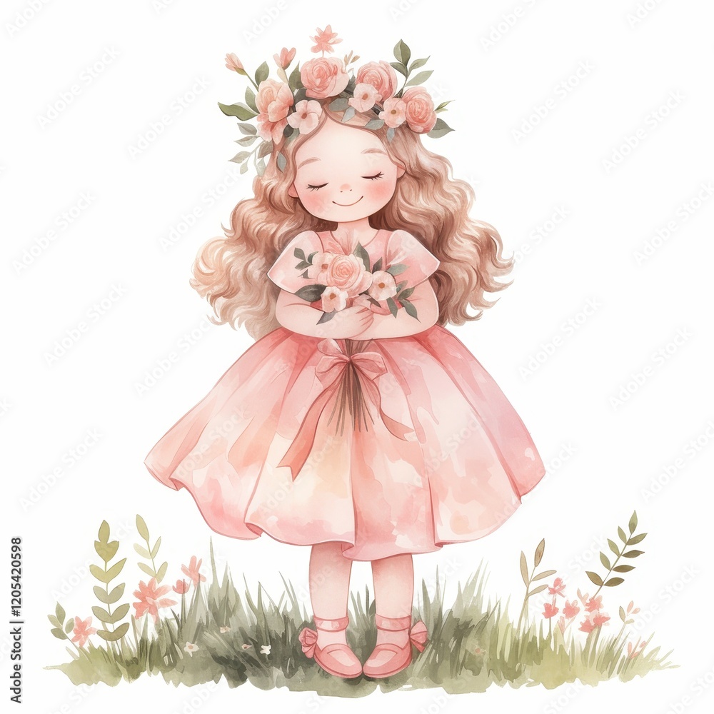 Adorable Little Girl in Pink Dress with Flower Crown and Bouquet in Watercolor Style Adorable Little Girl in Pink Dress with Flower Crown and Bouquet in Watercolor Style