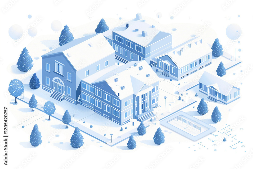 Modern Isometric School Blueprint with Glowing Blue Features Modern Isometric School Blueprint with Glowing Blue Features