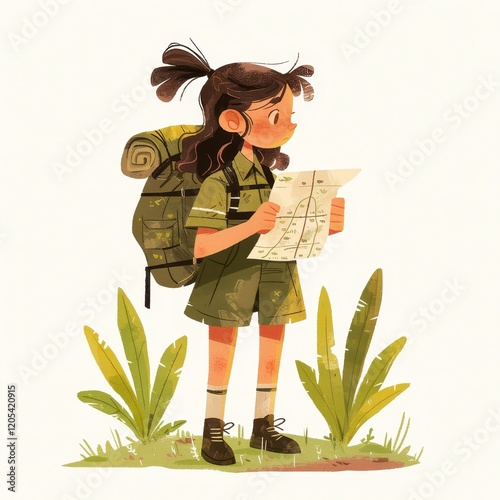 Young Girl Scout Hiking Outdoors with Backpack and Map Adventure Illustration