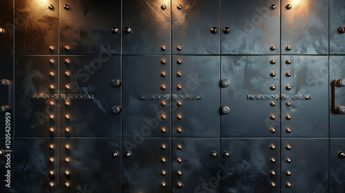 Dark steel panels with rivets and glowing edges, arranged in a futuristic design, high-definition photo