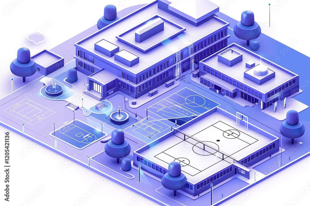Modern Isometric School Blueprint with Glowing Blue Features Modern Isometric School Blueprint with Glowing Blue Features