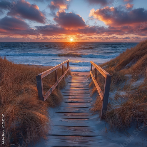 Strandweg bei Sonnenuntergang – Magischer Ausblick aufs Meer photo