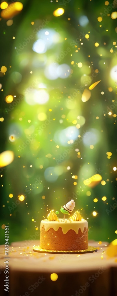 Enchanted forest party featuring a glowing cake magical setting food photography whimsical atmosphere dreamlike perspective