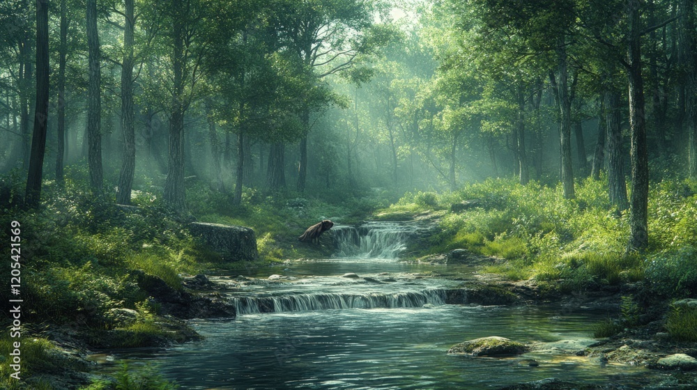 Misty forest stream, bear by waterfall. Misty forest stream, bear by waterfall.