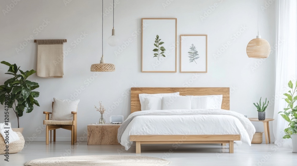 Fototapeta premium Minimalist home interior, showcasing a sleek bedroom design with uncluttered furniture, white walls, and natural light enhancing the modern aesthetic