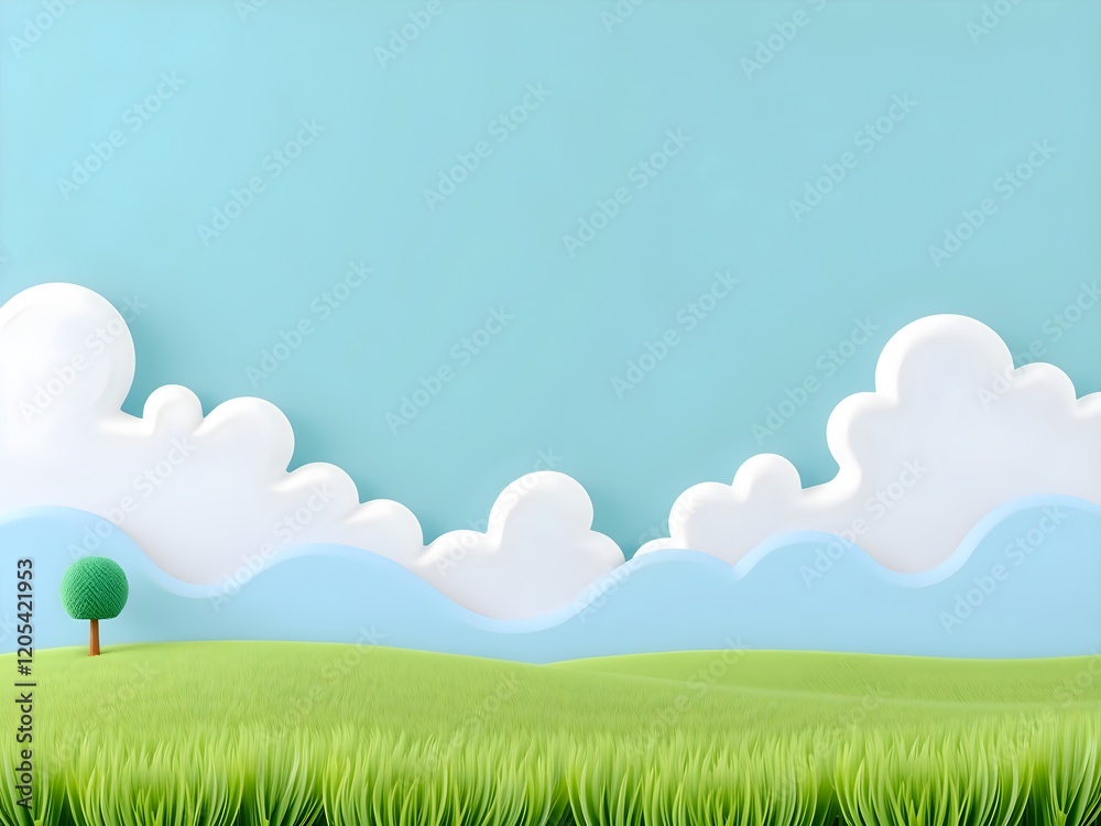3D rendered tranquil green meadow with a single tree and a sky adorned with white fluffy clouds, evoking calm and serenity. 3D rendered tranquil green meadow with a single tree and a sky adorned with white fluffy clouds, evoking calm and serenity.