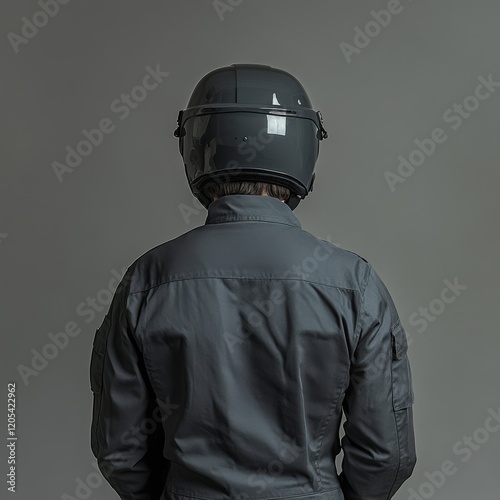 Wallpaper Mural Rear view of a person in a gray jumpsuit and helmet against a gray background. Torontodigital.ca