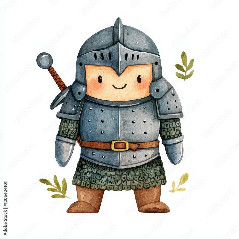 Fototapeta premium Adorable Cartoon Knight in Medieval Armor Watercolor Illustration Childish Fantasy Character