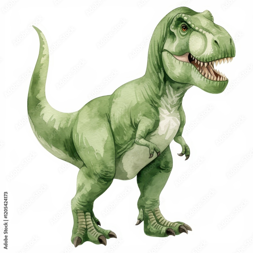 Naklejka premium Adorable Watercolor Tyrannosaurus Rex Dinosaur Illustration Childrens Book Green Prehistoric Reptile