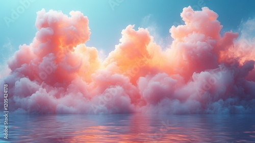 Dreamlike Cloudscape: Coral and Peach Hues Reflecting on Calm Waters