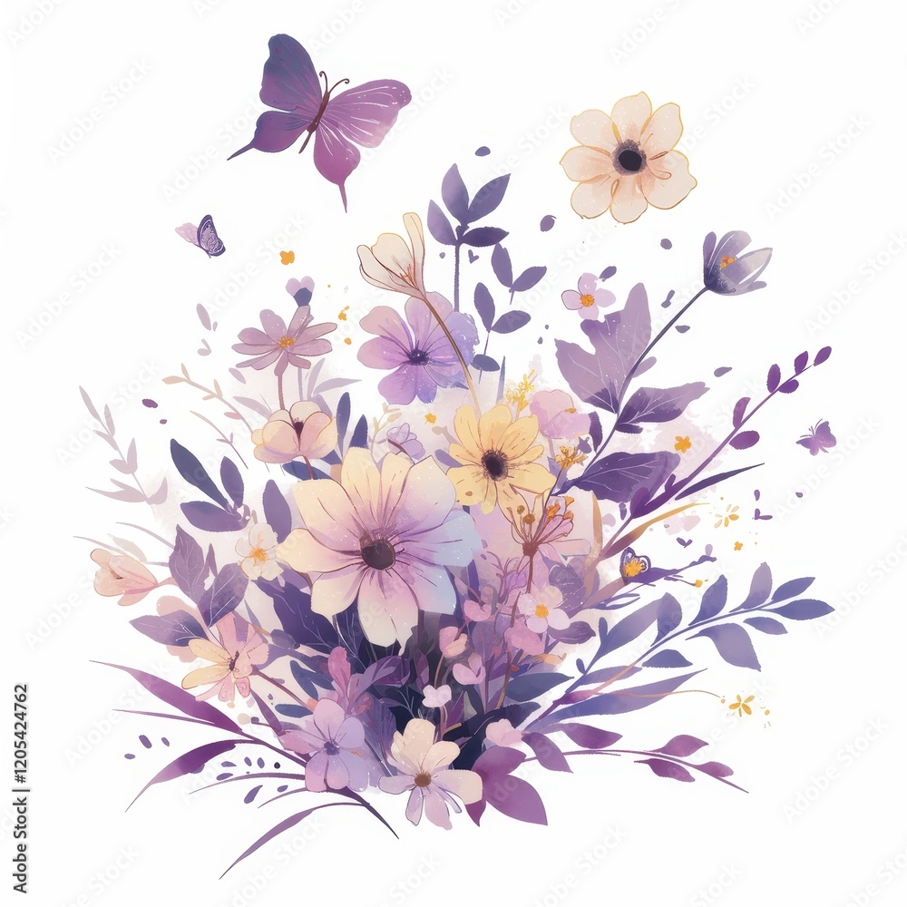 Obraz premium Watercolor Floral Bouquet with Butterflies Elegant Purple and Yellow Flowers Botanical Illustration