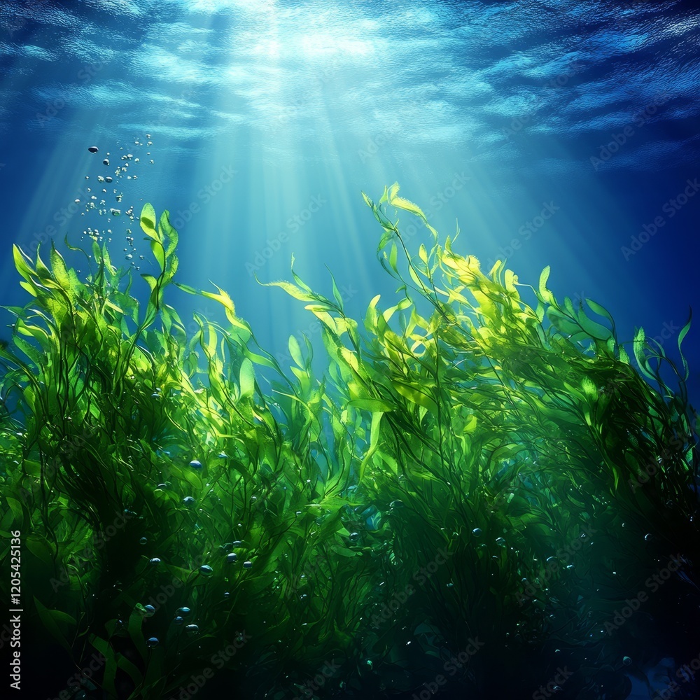Fototapeta premium Underwater kelp forest scene with sunlight beams, bubbles, and small fish.