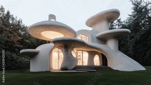 Minimalist mushroom house design featuring clean lines, smooth curves, and neutral tones, blending modern aesthetics with whimsical shapes
