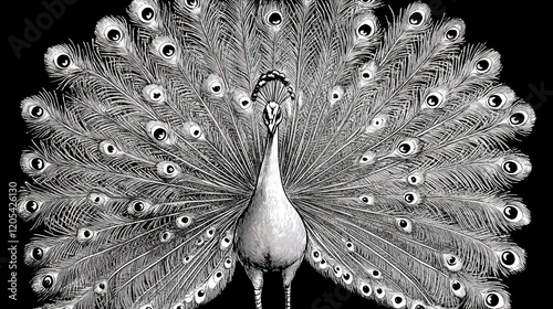 Elegant black and white line art of a peacock with a detailed tail displayed on a dark background
