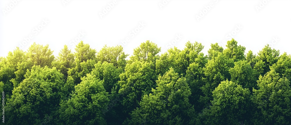 Naklejka premium Green Canopy: Lush, vibrant green treetops form a dense, continuous canopy, bathed in sunlight, creating a serene and refreshing natural scene. 