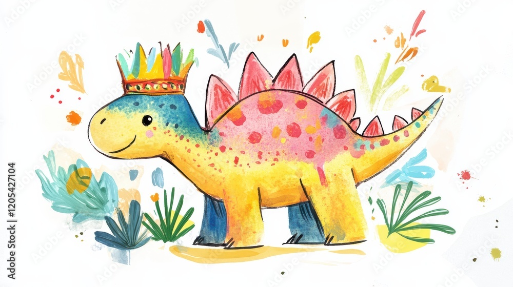 Fototapeta premium Colorful Cartoon Dinosaur with Crown Surrounded by Plants and Flowers
