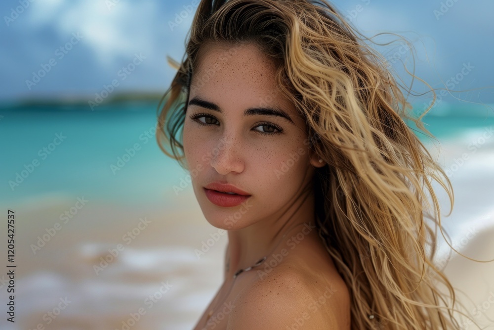 Young attractive blonde girl with perfect sport body in bikini on the tropical summer beach. Neural network ai generated Young attractive blonde girl with perfect sport body in bikini on the tropical summer beach. Neural network ai generated