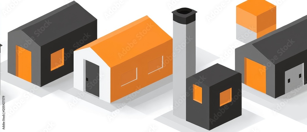 Fototapeta premium Isometric Illustration of Modern Small Buildings and Chimney