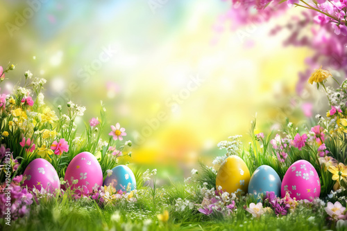 Obraz na płótnie Easter egg hunt with flowers on a meadow in spring season greeting card copyspace copy space w salonie