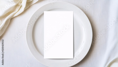 Elegant blank menu mockup perfectly centered on a pristine white plate showcasing a sophisticated dining concept and inviting culinary experience.