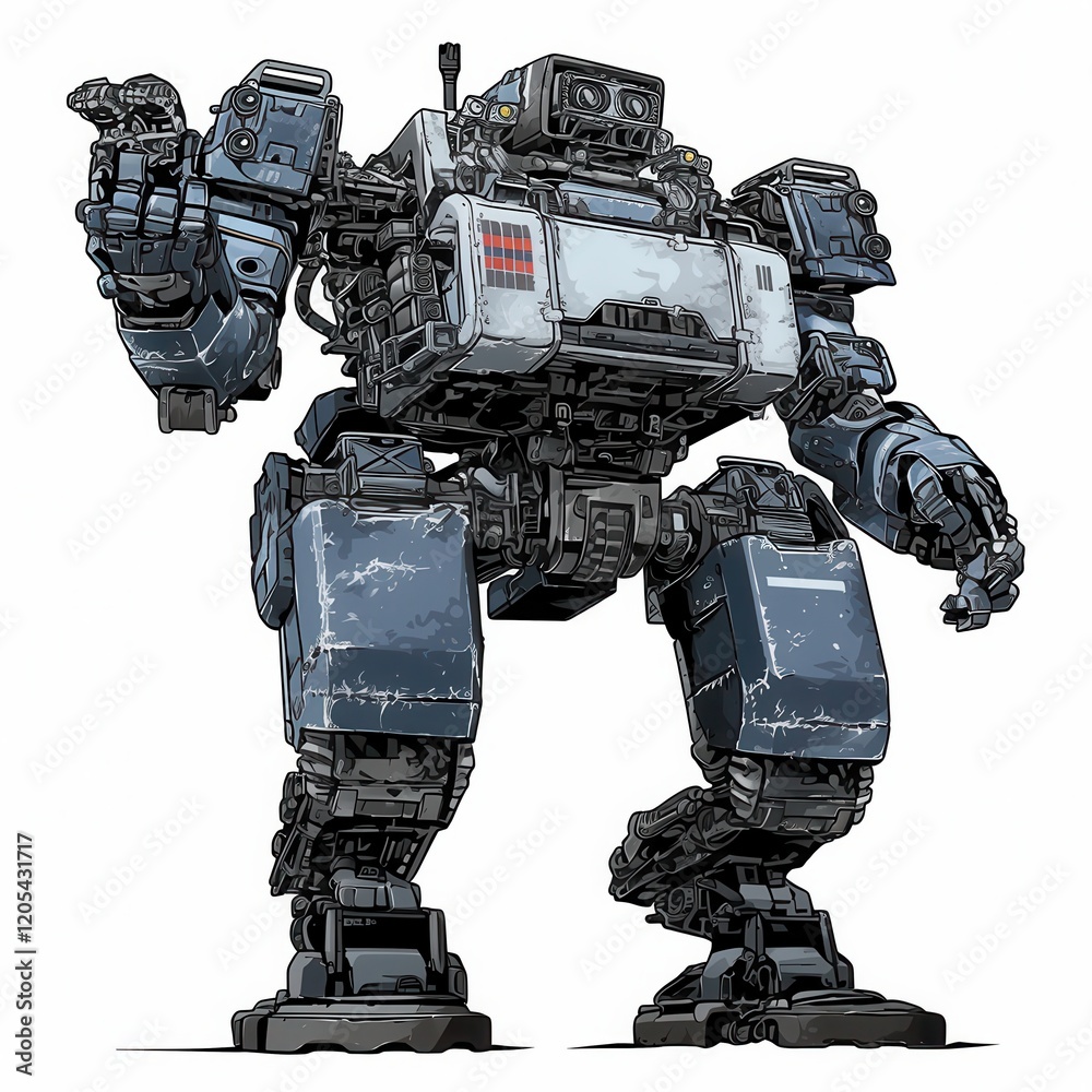 Naklejka premium Powerful Futuristic Mech Robot Walking Sci Fi Digital Illustration Detailed Design