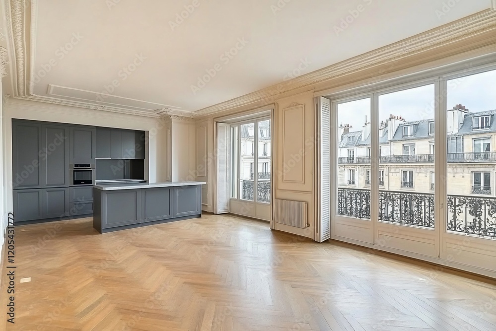 Fototapeta premium Spacious empty apartment with herringbone floors, large windows, and city view.