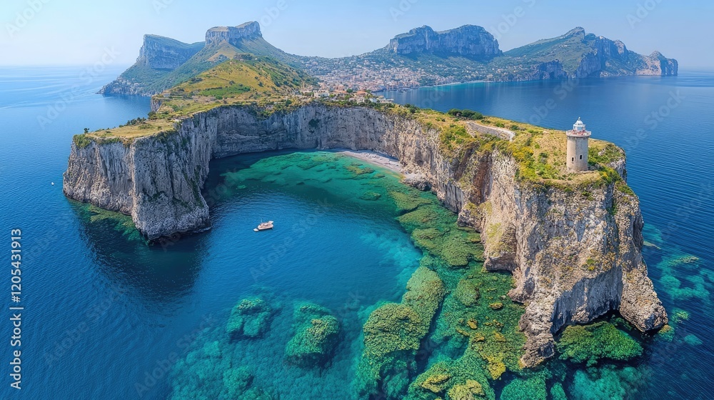 Stunning aerial view of a coastal landscape featuring cliffs, turquoise waters, and a lighthouse Stunning aerial view of a coastal landscape featuring cliffs, turquoise waters, and a lighthouse