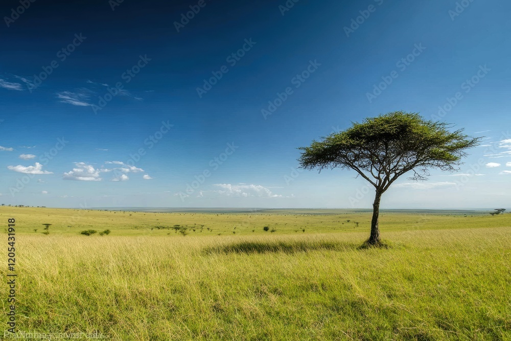 Lush Grass Plains with Clear Blue Skies and a Single Contrasting Tree Lush Grass Plains with Clear Blue Skies and a Single Contrasting Tree