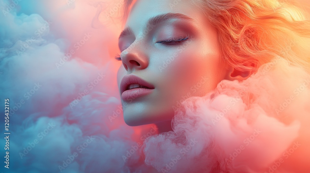 Fototapeta premium Ethereal Beauty Portrait: Young Woman with Glitter Makeup in Colorful Smoke