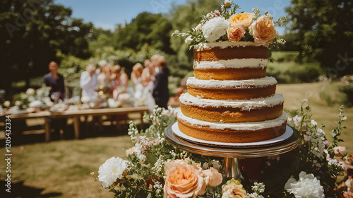 A three-tiered naked wedding cake adorned with fresh flowers sits in the foreground, with blurred guests at a rustic outdoor reception in the background.
