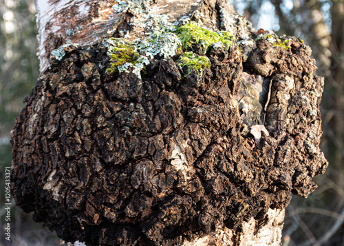 chaga mushroom growing on a birch trunk, wild raw food chaga parasitic mushroom, it is used in traditional folk alternative medicine for treatment