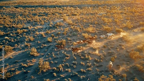 Wild horses run through the desert landscape at sunset in a breathtaking display of nature's beauty