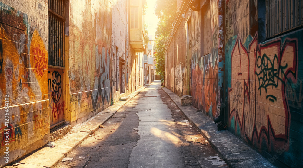 Obraz premium Sunlit Urban Alleyway Adorned with Colorful Graffiti Art