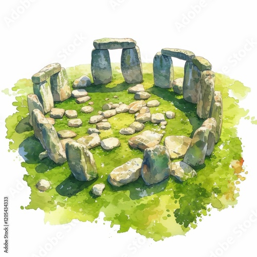 Ancient Stone Circle Megalithic Site Prehistoric Monument Watercolor Painting