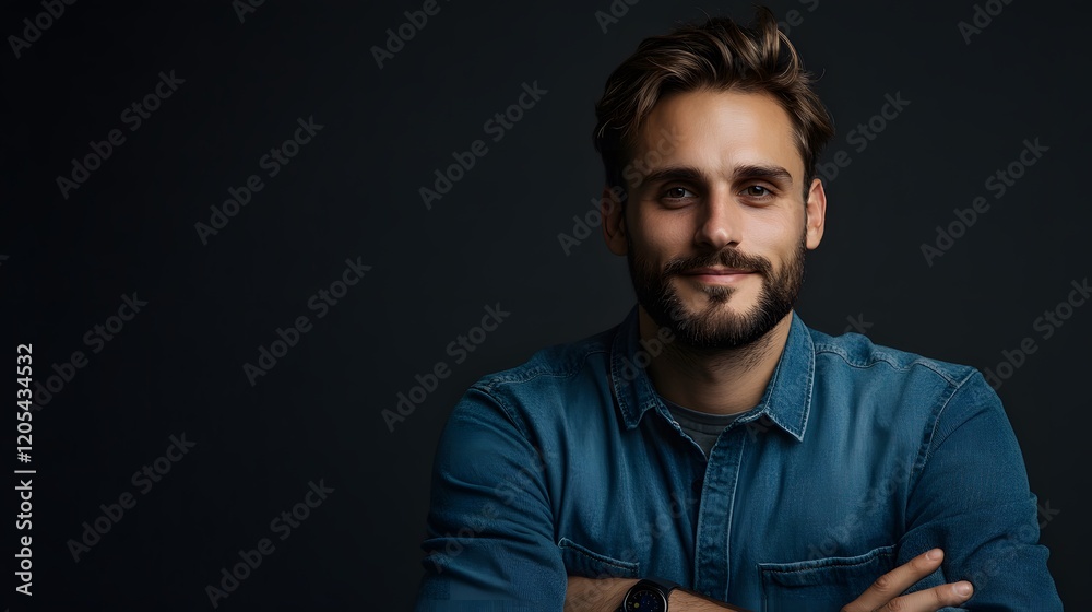 Naklejka premium Confident man, arms crossed, studio portrait, dark background, headshot