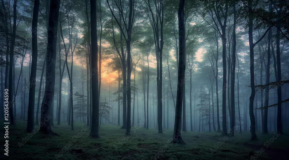 Fototapeta premium Misty Forest Sunlight Filtering Through Tall Trees at Dawn