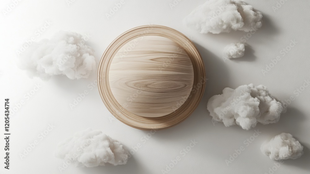 Minimalist wood planet with sky and clouds, clean and polished wooden planet designs surrounded by delicate cloud accents, perfect for modern interiors Minimalist wood planet with sky and clouds, clean and polished wooden planet designs surrounded by delicate cloud accents, perfect for modern interiors