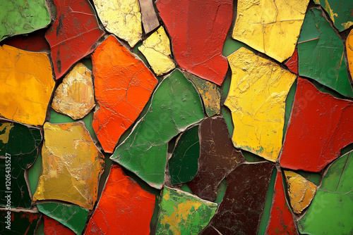 
An abstract fresco-like background with broken stone shapes outlined in gold. Features shades of alizarin red, scarlet, burgundy, green, red-orange, tangerine, and citrus-inspired colors. photo