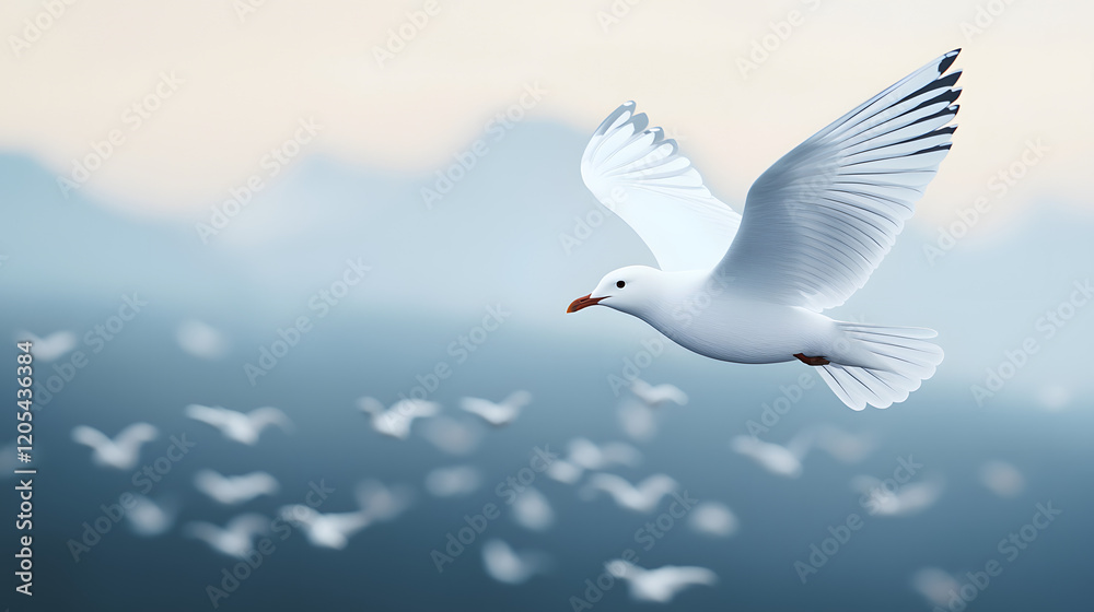 Fototapeta premium Graceful seagull in flight over tranquil waters nature photography serene environment aerial view freedom concept