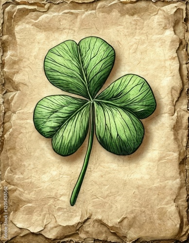 Bright four-leaf clover of aged paper background