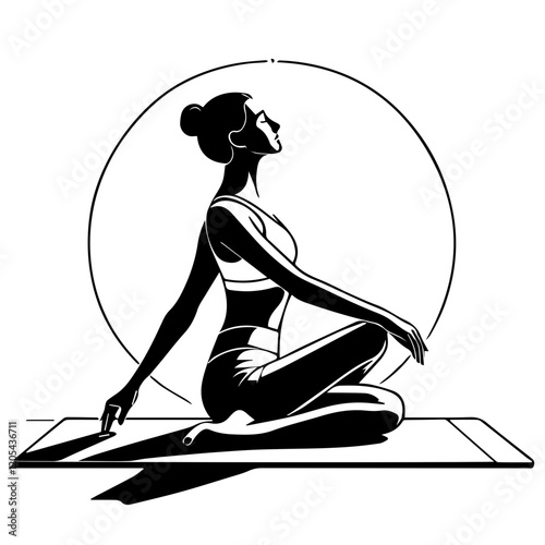 Serene Silhouette: A woman in a yoga pose, captured in silhouette against a radiant circle.  The image evokes a sense of tranquility and mindfulness, symbolizing the transformative power of yoga. 