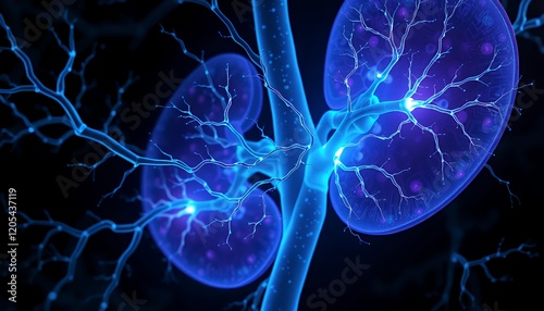 Wallpaper Mural Detailed 3D Rendering of Human Kidneys with Glowing Blood Vessels and Nerves, Medical Illustration for Health and Science Education Torontodigital.ca