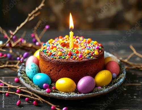 A colorful festive Easter cake with icing and decorated with candles in the center